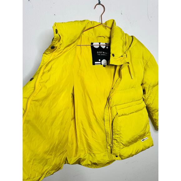 OOF Neon Yellow Nylon 100% Polyester High Neck Tie Front Puffer Coat size 40 - Picture 13 of 16